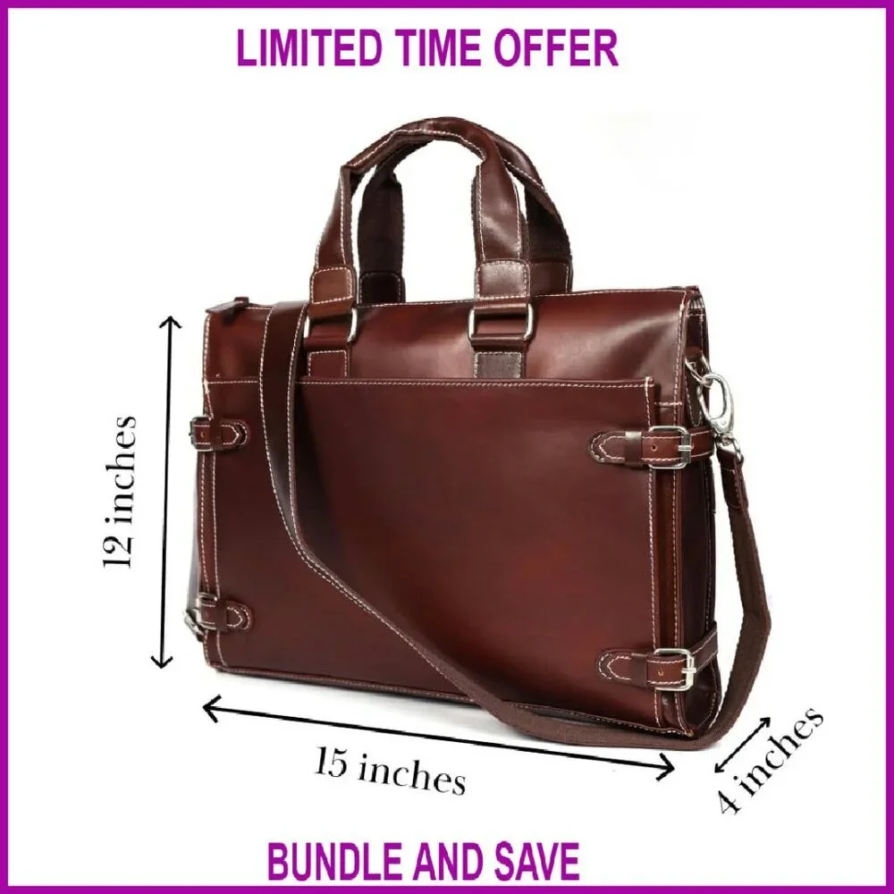 Leather Laptop Briefcase for Men, 3 Zipper Pockets, Fits 16-inch Laptop